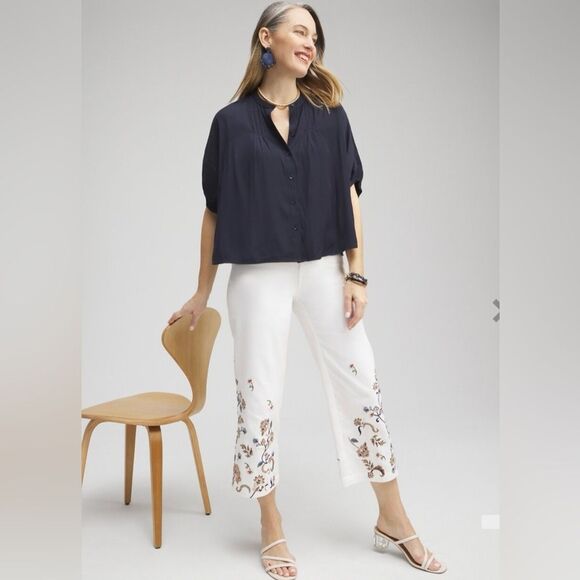 Chico’s Pintuck Dolman Sleeve Shirt Size 2.5 US 14 Cap Sleeve Neck Button Navy - Picture 2 of 10